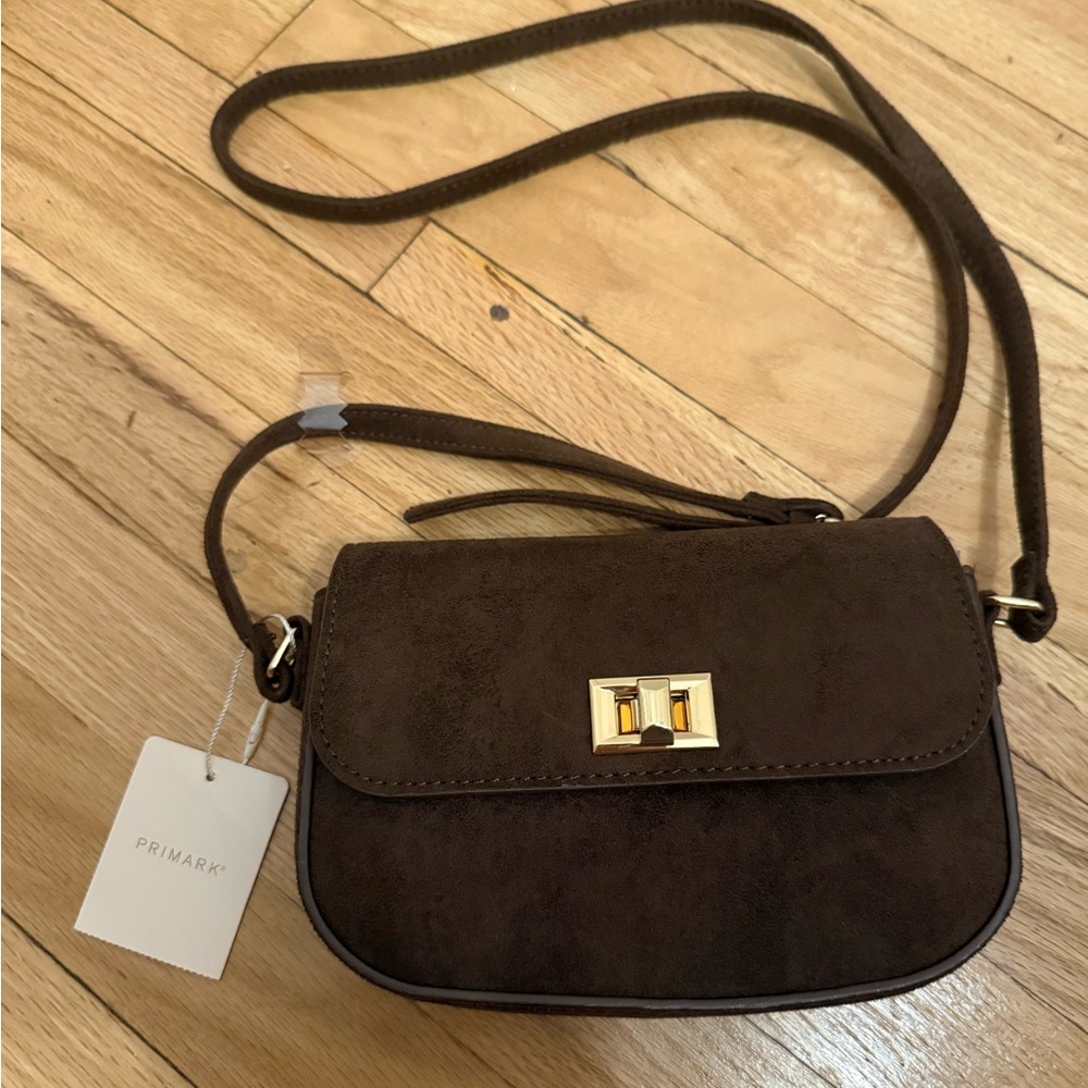 NWT Primark Women's Brown Faux Suede Crossbody Bag with Gold Hardware